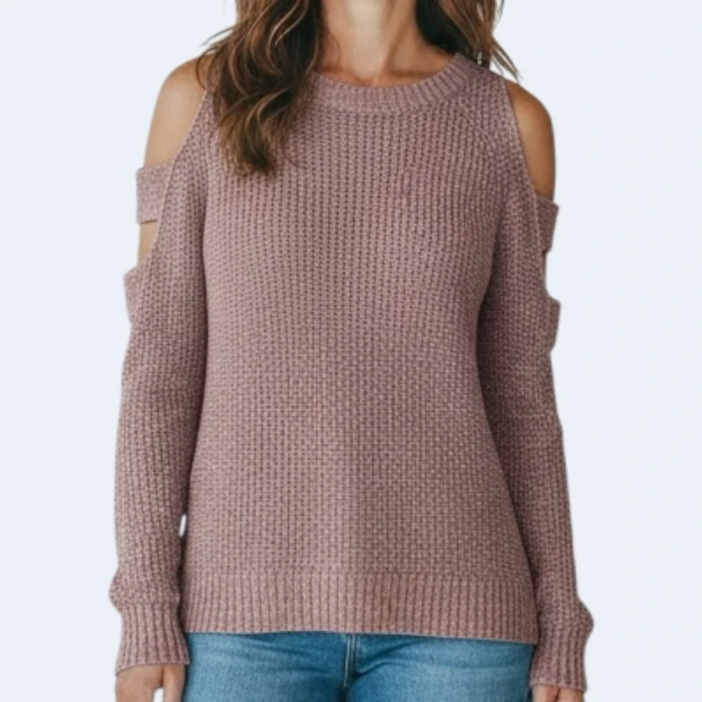 Pink Rose Women's Medium Soft Stretch Cold Shoulder Chic Rose‎ Knit Sweater